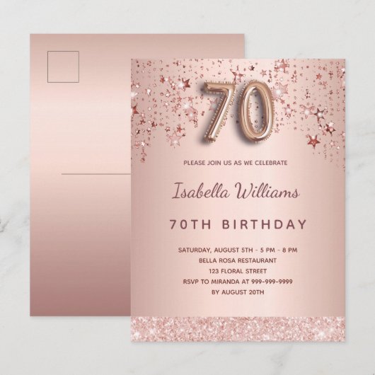 70e verjaardag: roos gouden sterren ballonschrift briefkaart (Voorkant / Achterkant)