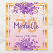 70e verjaardag roos gouden violette bloemen wijn etiket (Enkel label)