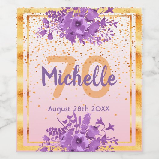 70e verjaardag roos gouden violette bloemen wijn etiket (Enkel label)