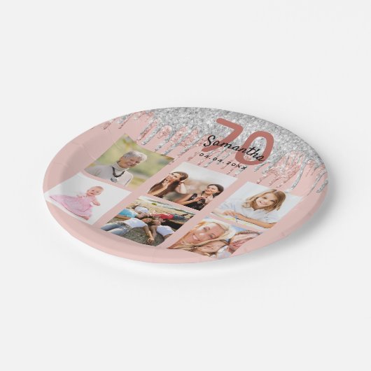 70e verjaardag roos gouden zwarte zilveren glitter papieren bordje (Gekanteld)