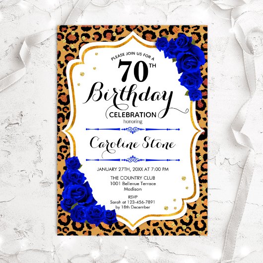 70e verjaardag - Royal Blue Rozen Leopard Print Kaart