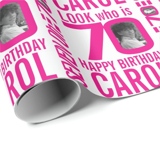 70e verjaardag roze blik 70 douanefoto en naam cadeaupapier (Rol Hoek)