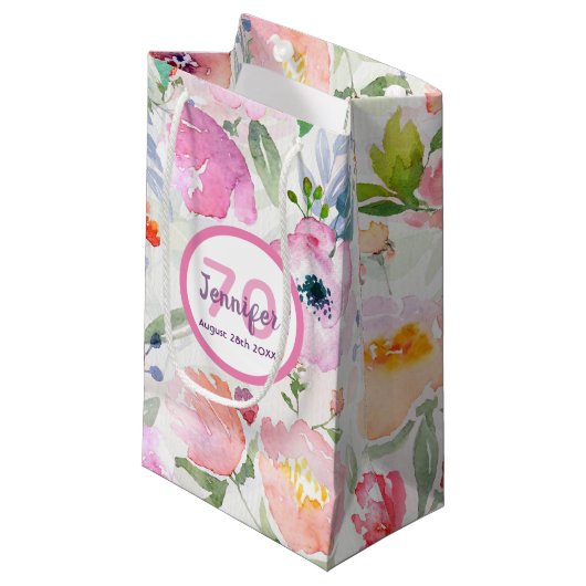 70e verjaardag roze bloemen pastel bohemen klein cadeauzakje (Voorkant Gekanteld)