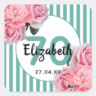 70e verjaardag roze floralen blauwgroen strepen vierkante sticker