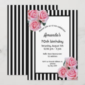 70e verjaardag roze floralen op zwarte witte strep kaart (Voorkant / Achterkant)