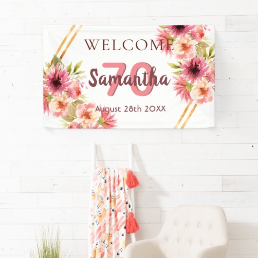 70e verjaardag roze gouden bloemen wit spandoek (Insitu)