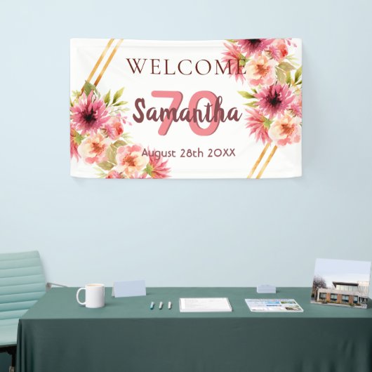 70e verjaardag roze gouden bloemen wit spandoek (Beurs)