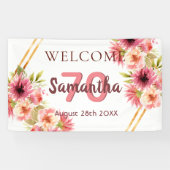 70e verjaardag roze gouden bloemen wit spandoek (Horizontaal)