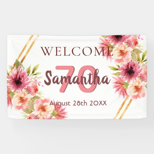 70e verjaardag roze gouden bloemen wit spandoek (Horizontaal)