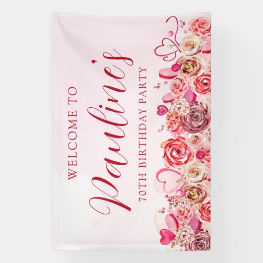 70e verjaardag roze roos swirly hart welkom spandoek (Verticaal)