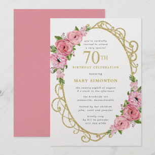 70e verjaardag Roze Rose Floral Gold Invitation Kaart