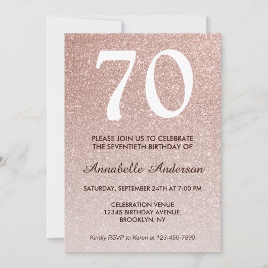 70e verjaardag Roze Rose Gold Glitter Sparkle Ombr Kaart (Voorkant)
