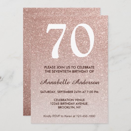 70e verjaardag Roze Rose Gold Glitter Sparkle Ombr Kaart (Voorkant / Achterkant)