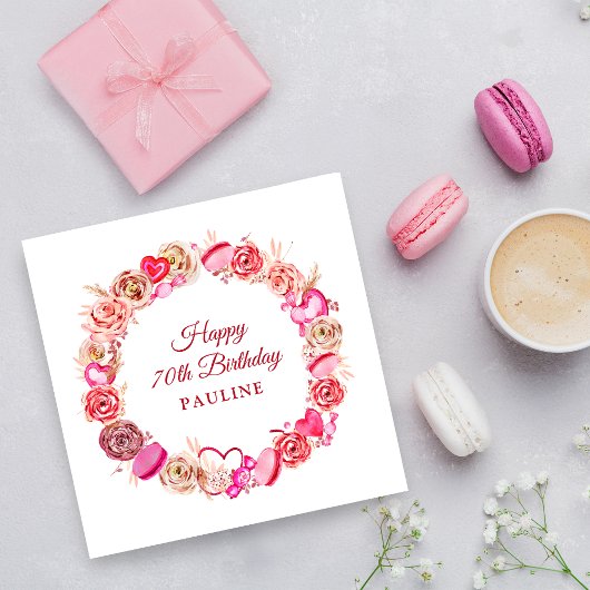 70e Verjaardag Roze Rose Swirly Heart Valentijns's Servet