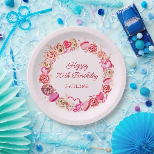 70e verjaardag roze rozen swirly hart papieren bordje (Feest)