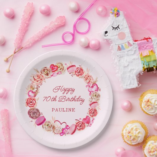 70e verjaardag roze rozen swirly hart papieren bordje (Feest)
