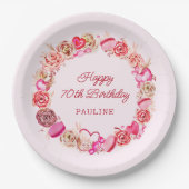 70e verjaardag roze rozen swirly hart papieren bordje (Voorkant)