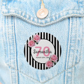 70e verjaardag roze rozen zwarte witte strepen ronde button 5,7 cm