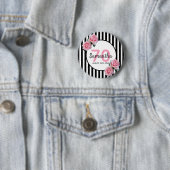 70e verjaardag roze rozen zwarte witte strepen ronde button 5,7 cm (In situ)