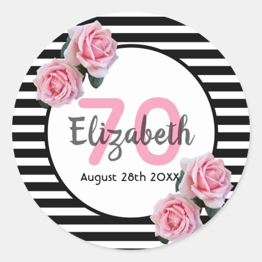 70e verjaardag roze rozen zwarte witte strepen ronde sticker (Voorkant)