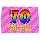 70e verjaardag: roze strips & harten, regenboognr. groot cadeauzakje (Voorkant)