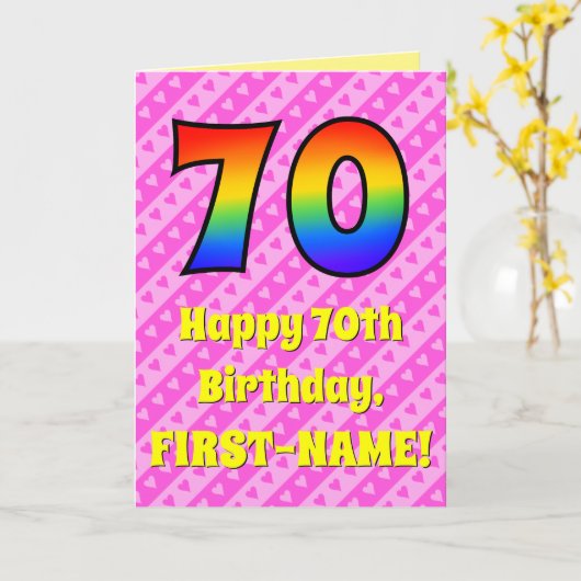 70e verjaardag: roze strips & harten, regenboognr. kaart (Gele Bloem)
