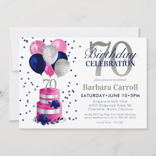 70e verjaardag roze taart uitnodiging (Voorkant)