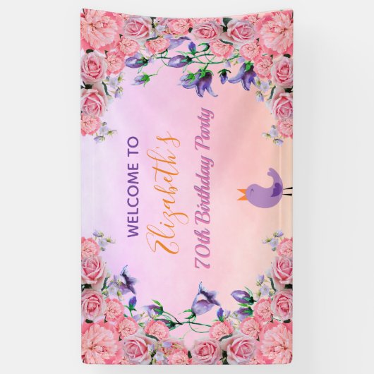 70e verjaardag roze tuinbloemen schattige vogel spandoek (Verticaal)
