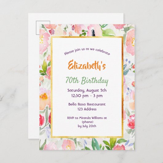 70e verjaardag roze waterkleurige bloemenuitnodigi briefkaart (Voorkant / Achterkant)