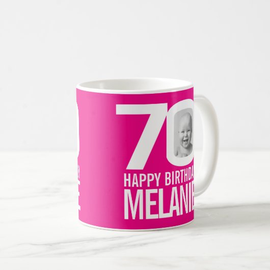 70e verjaardag roze witte douanefoto naam koffiemok (Voorkant rechts)