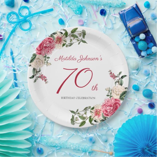 70e verjaardag Roze witte peulvruchten botanisch Papieren Bordje (Feest)