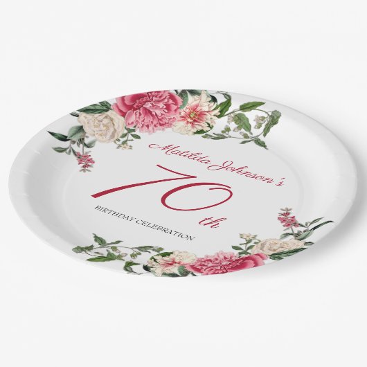 70e verjaardag Roze witte peulvruchten botanisch Papieren Bordje (Gekanteld)