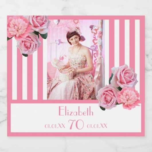 70e verjaardag roze witte strepen bloemfoto sparkling wijnetiket (Enkel label)