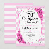 70e verjaardag - roze witte strepen Rozen Kaart (Voorkant / Achterkant)