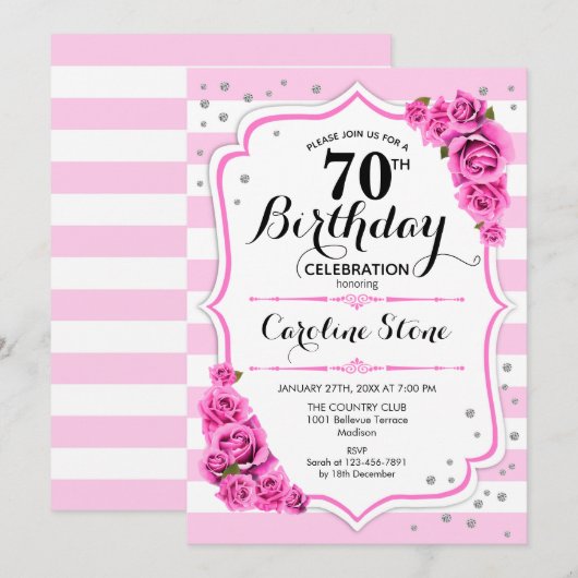 70e verjaardag - roze witte strepen Rozen Kaart (Voorkant / Achterkant)