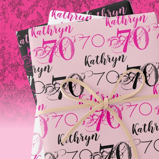 70e verjaardag Roze Zwart Wit Set Gepersonaliseerd Inpakpapier Vel