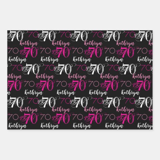 70e verjaardag Roze Zwart Wit Set Gepersonaliseerd Inpakpapier Vel (Voorkant 3)
