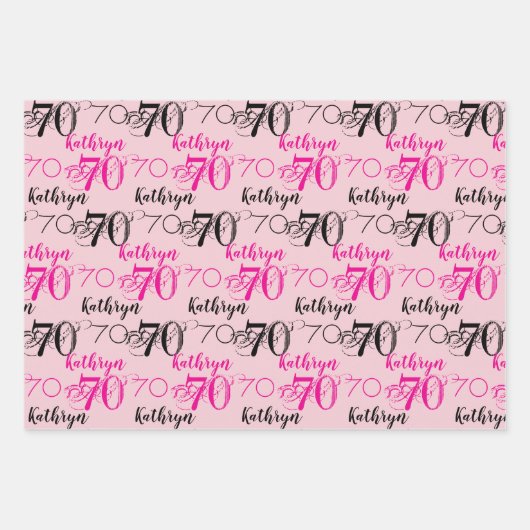 70e verjaardag Roze Zwart Wit Set Gepersonaliseerd Inpakpapier Vel (Voorkant)