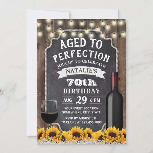 70e verjaardag Rustic Sunflower & Wine Kaart (Voorkant)