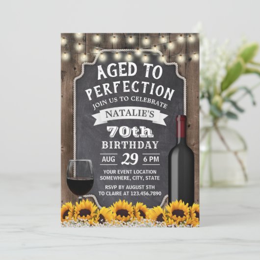 70e verjaardag Rustic Sunflower & Wine Kaart (Staand voorkant)