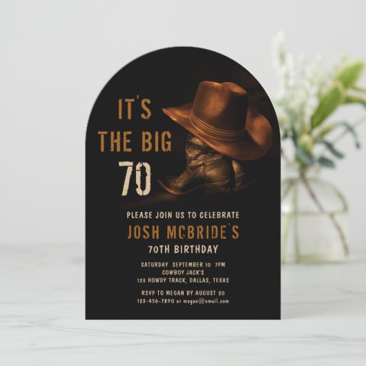 70e verjaardag rustieke cowboy Pet en leren laarze Kaart (Staand voorkant)