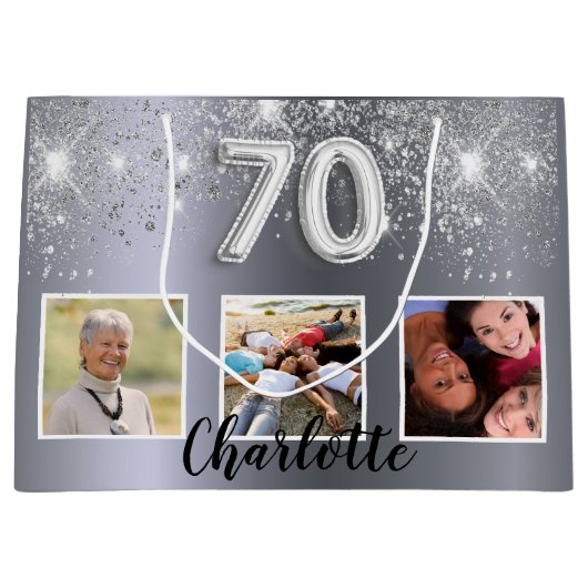 70e verjaardag Silver Glitter stoffotomonogram Groot Cadeauzakje (Voorkant)