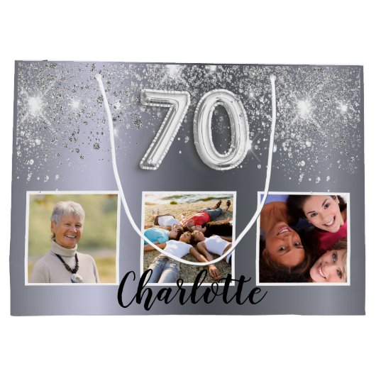70e verjaardag Silver Glitter stoffotomonogram Groot Cadeauzakje (Achterkant)