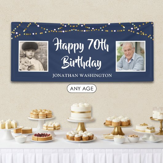 70e verjaardag Slingersliertjes Foto Blauw Spandoek