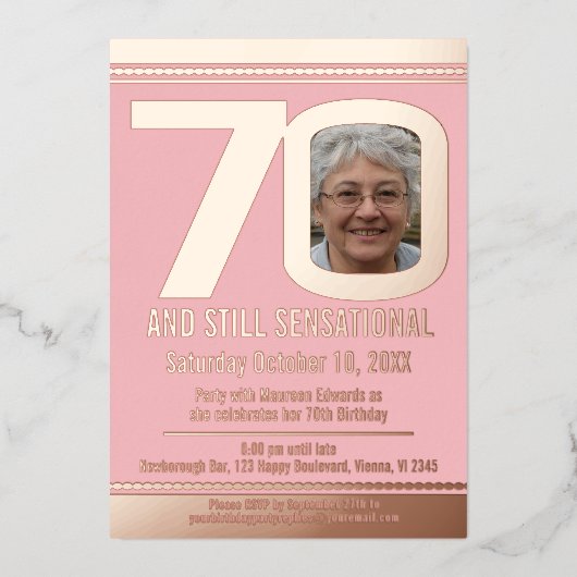 70e verjaardag stoffige roze en roos goud folie uitnodiging (Voorkant)