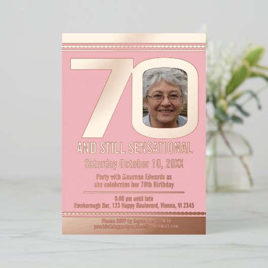 70e verjaardag stoffige roze en roos goud folie uitnodiging (Staand Voorkant)