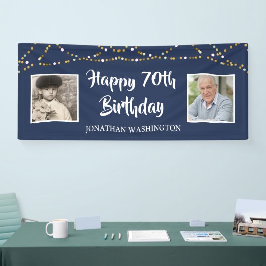 70e verjaardag String Lights Foto Blauw Spandoek (Beurs)