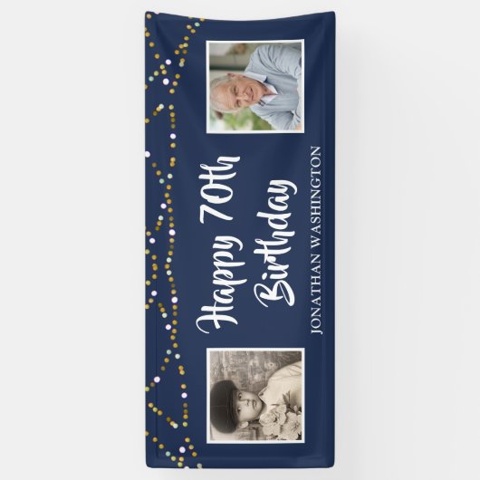 70e verjaardag String Lights Foto Blauw Spandoek (Verticaal)