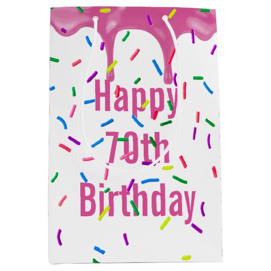 70e verjaardag strooit op roze ijsje medium cadeauzakje (Voorkant)