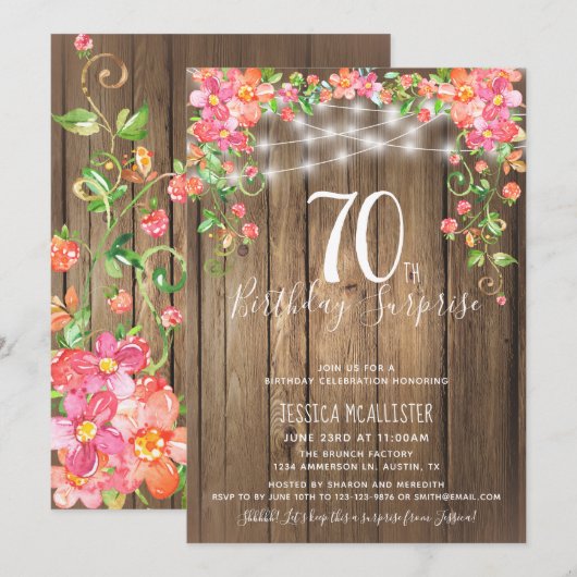 70e verjaardag Surprise Brunch Rustic Floral Wood Kaart (Voorkant / Achterkant)